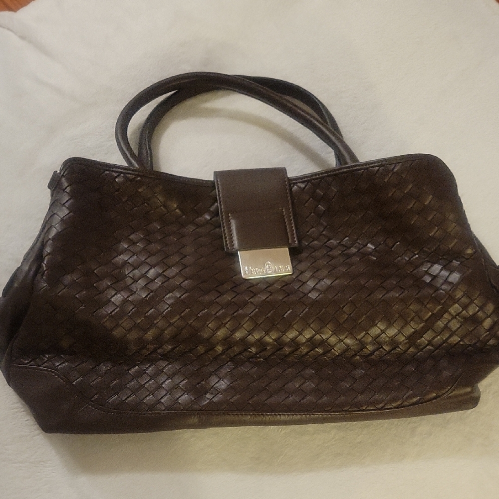Pergolesi Woven Leather Shoulder Satchel in Dark Brown, Made In Italy